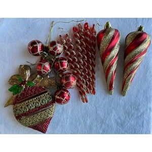 Red Gold Christmas Ornament Lot Icicles Balls Glitter Teardrop Holiday Decor